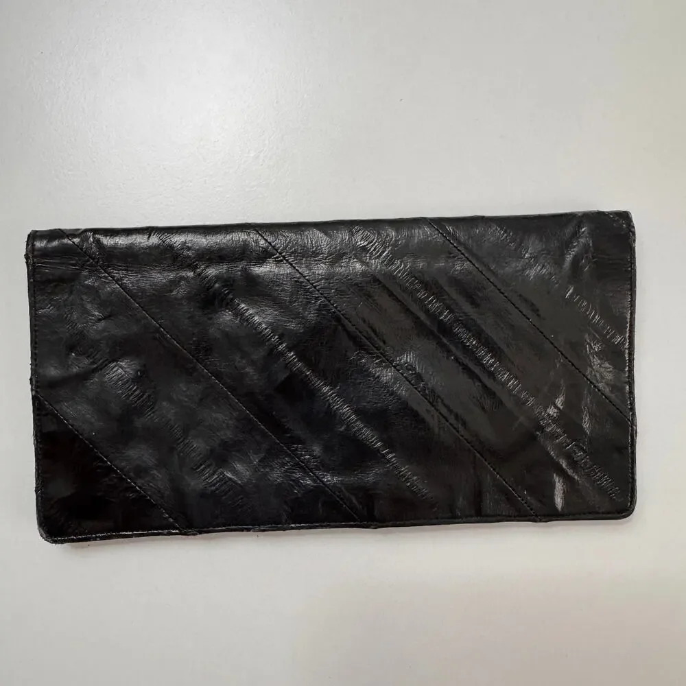 Vintage Handbag Black Genuine Eel Skin Leather Pockets Bifold Credit Card Wallet